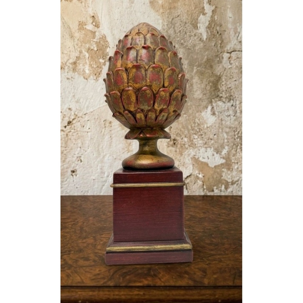 Vintage Artichoke Finial Tabletop Statue Gold Burgundy Architectural Decor 14"